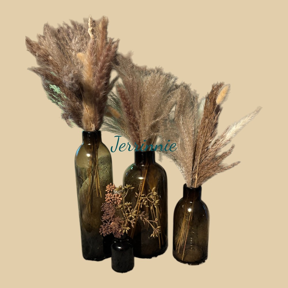 Amber Glass Vase Set with Pampas Grass and Dried Florals Boho Home Decor 4 Piece